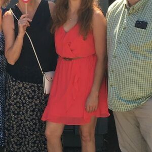 Mini dress, bright salmon, cinched waste. Size medium.